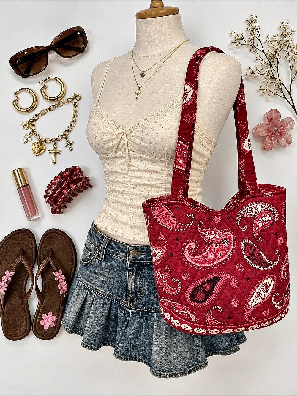 Vera Bradley Vintage Burgundy Paisley Quilted Tote Bag Floral Y2K Shoulder